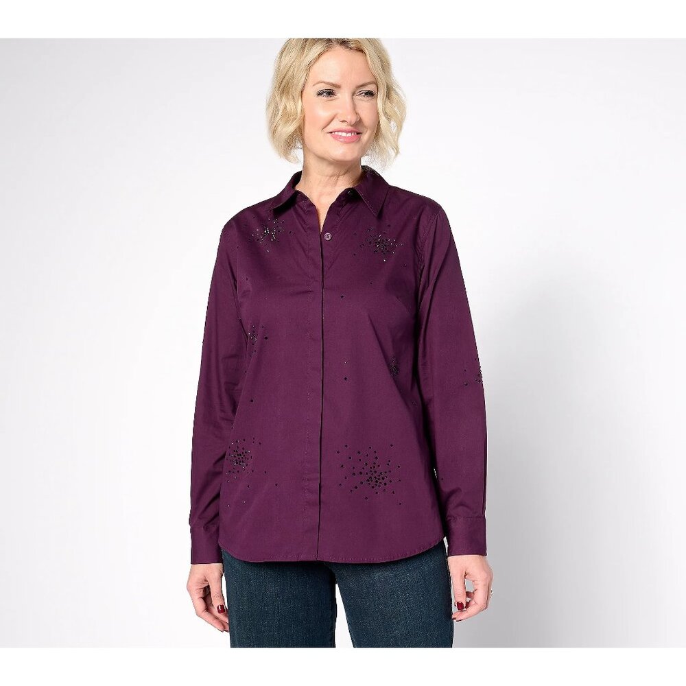Joan Rivers Red Carpet Stretch Cotton Starburst Stone Button Front Sz 1X Merlot